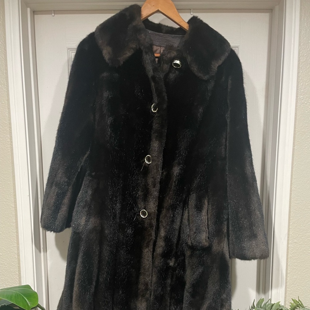 Mincara Russell Taylor Fur Faux Coat Brown women's Silk Lined ‎ sz L
